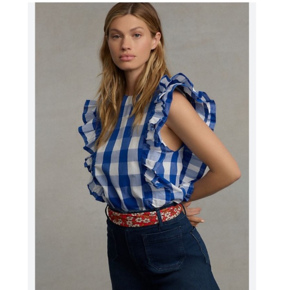 Anthropologie Whit Two gingham ruffle blouse white blue sleeveless shirt